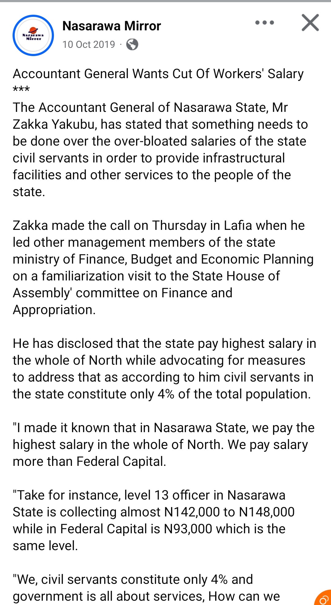 Throwback: Nasarawa Accountant-General Raises Concern Over Wage Bill, Seeks Reforms