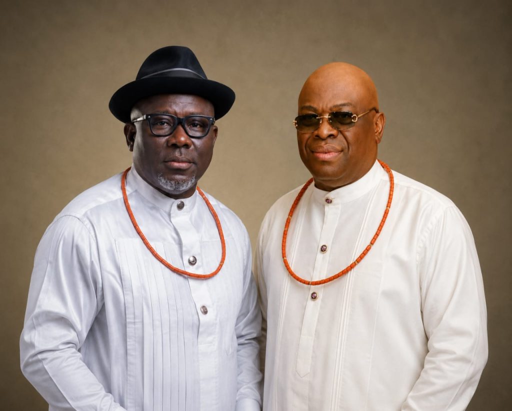 Delta State Governor, Rt. Hon. Sheriff Oborevwori and Renowned businessman and philanthropist, High Chief Dr. Matt Offeh, Eni 1 of Irri Kingdom