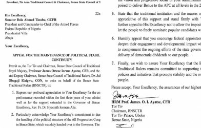 TOR TIV, OCH’IDOMA DRAG THRONES INTO POLITICS, BACK ALIA ON BENUE APC STRUCTURES